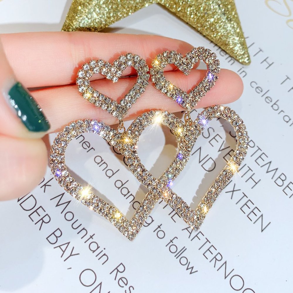 ✨️HOST PICK✨️ Double Hearts Gold Earrings Crystal Pave Rhinestones
